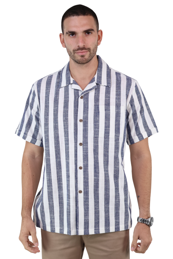 Camisa Resort Manga Corta De Algodón Estamado A Rayas Azules Para Hombre